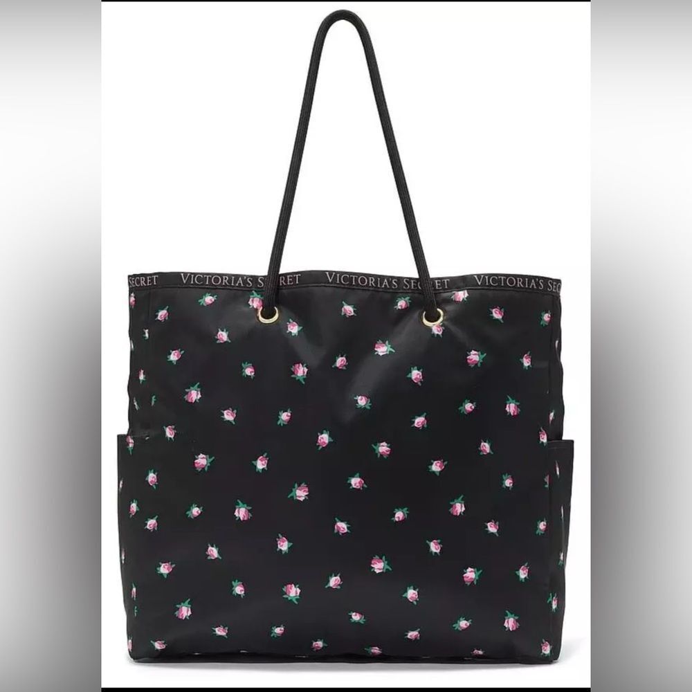 Victoria's Secret Black Floral Tote Bag Reversible.